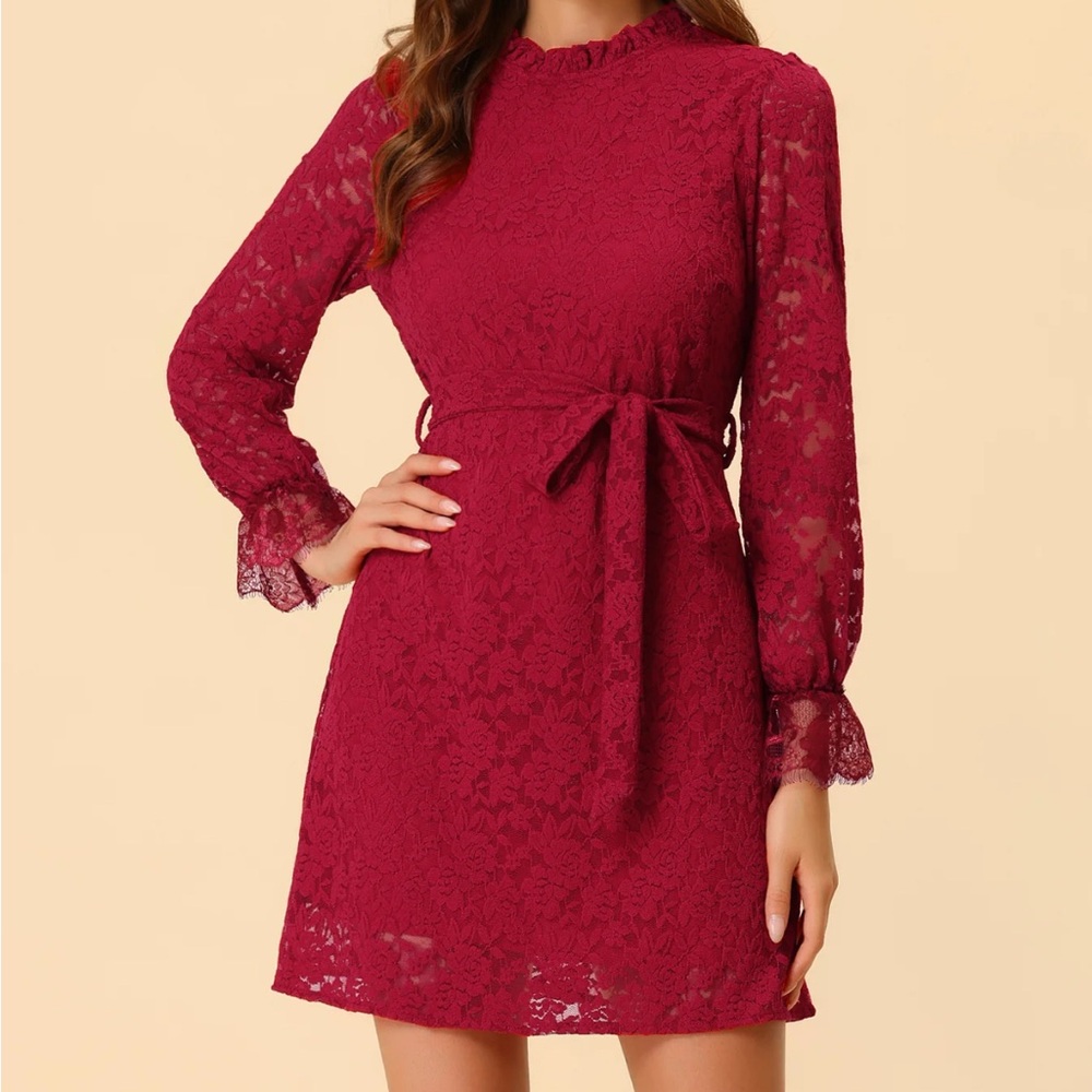 Allegra K Burgundy Lace Long Sleeve Dress